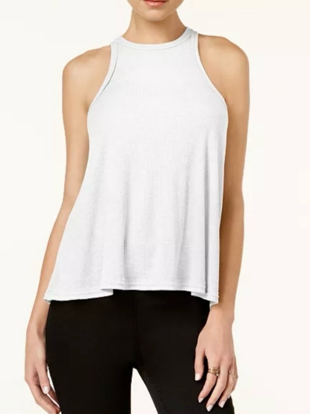FREE PEOPLE Medium White Long Beach Tank Top Ribbed slub high neck Racerback EUC